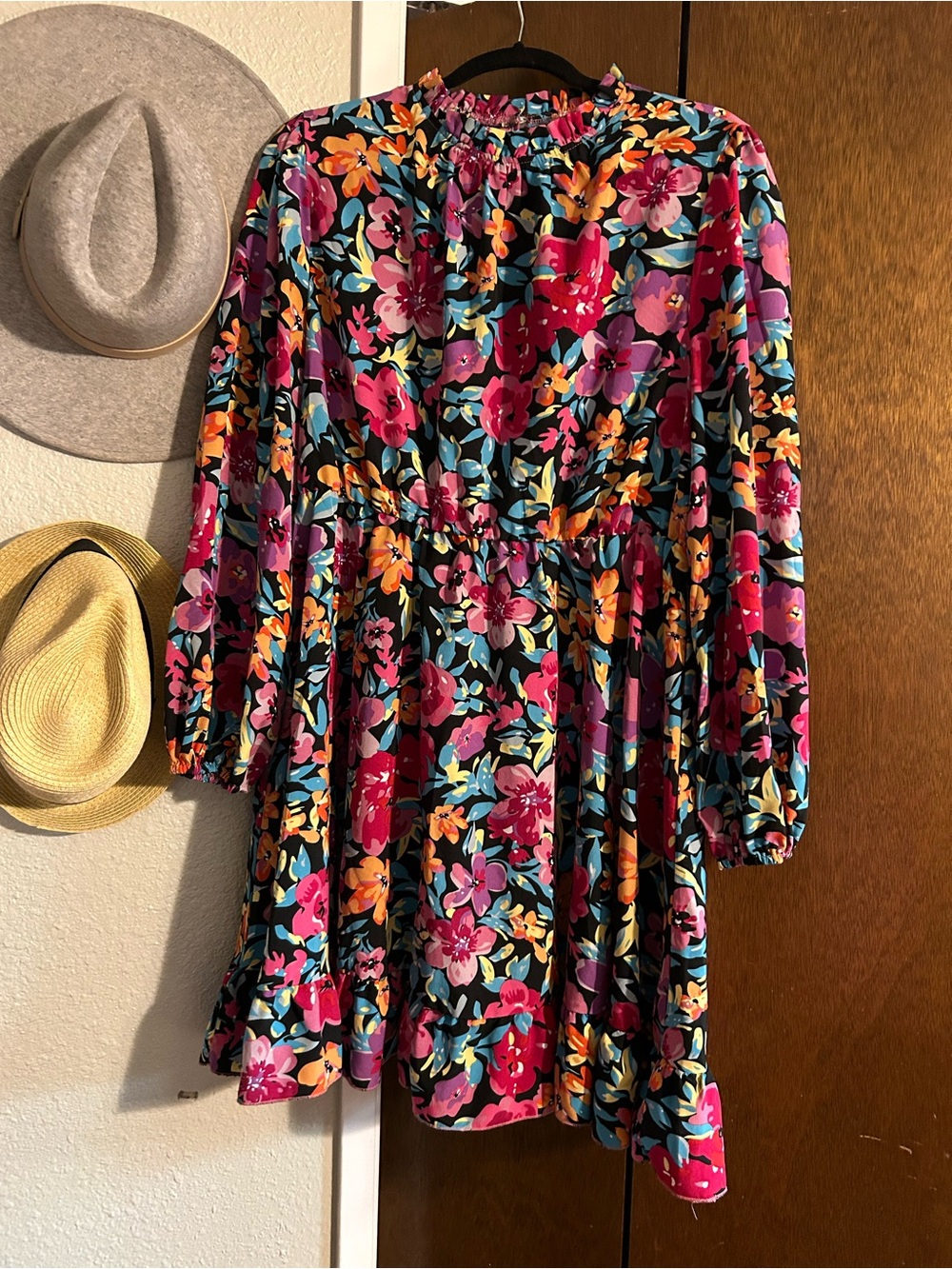 SHEIN Black Floral Long-Sleeve Smocked Waist Dress - Multi